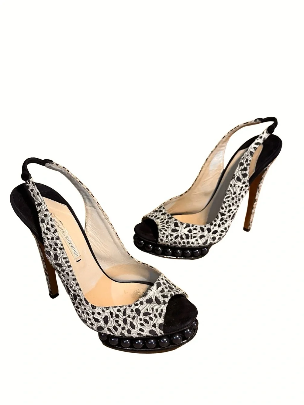 NICHOLAS KIRKWOOD BLACK & TAUPE ANIMAL PRINT SLINGBACK PLATFORM HEELS (36.5)